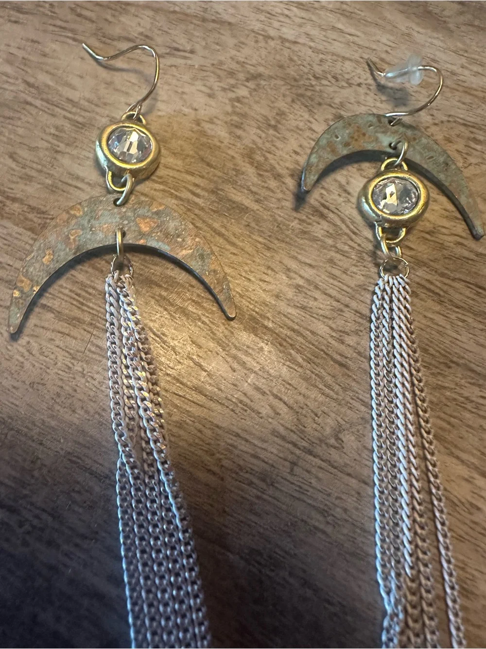 Gold and Silver Crescent Drop Earrings with Crystal Accent